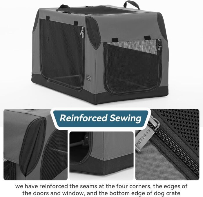 PETSFIT Travel Dog Crate, Soft Dog Crate - 30 Inch Sturdy Adjustable Structure, Easy to Set Up, Dog Crate for Car, Light Tough with 3 Mesh Doors Grey