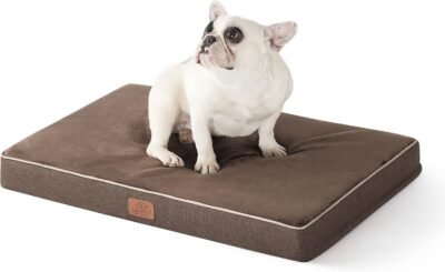 Bedsure Memory Foam Dog Bed for Medium Dogs - Orthopedic Waterproof Pet Mat for Crate with Removable Washable Cover and Nonskid Bottom - Water-Resistant Plush Flannel Fleece Top Pet Bed, Brown