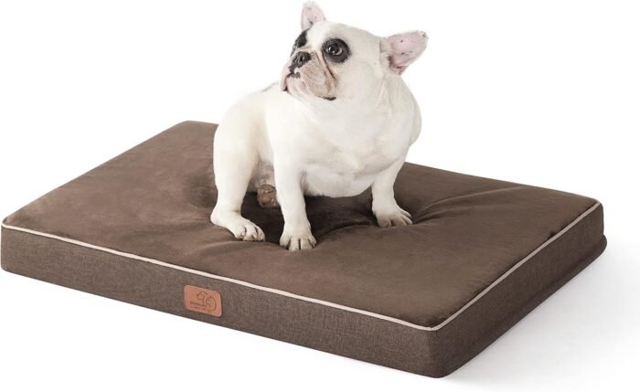 Bedsure Memory Foam Dog Bed for Medium Dogs - Orthopedic Waterproof Pet Mat for Crate with Removable Washable Cover and Nonskid Bottom - Water-Resistant Plush Flannel Fleece Top Pet Bed, Brown