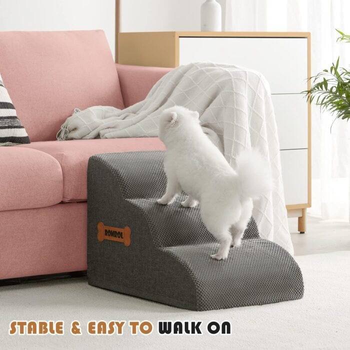 Romrol Dog Stairs Ramp for Beds Couches, Extra Wide Pet Steps with Durable Non-Slip Waterproof Fabric Cover, Dog Slope Stairs for Small Dogs and Cats or Pets Friendly, 3-Tiers,15 Inch