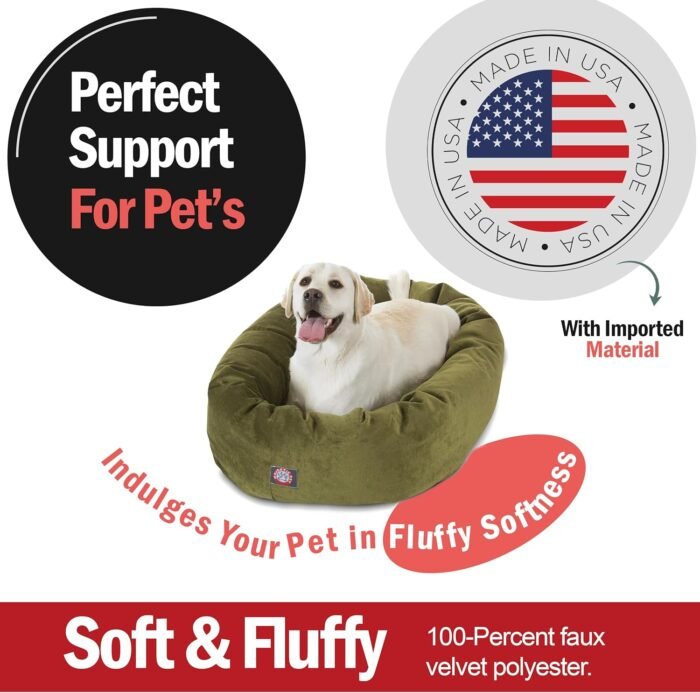 Majestic Pet 40 Inch Micro Velvet Calming Dog Bed Washable – Cozy Soft Round Dog Bed with Spine for Head Support - Fluffy Donut Dog Bed 40x29x9 (inch) – Round Pet Bed Large – Fern