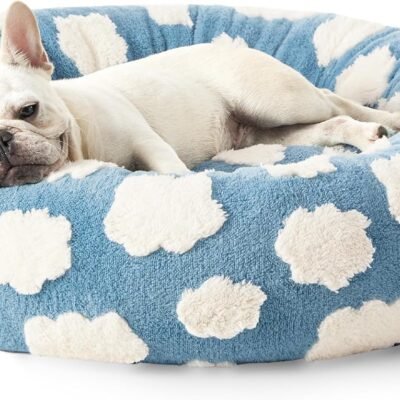 LE SURE Donut Small Dog Bed - Round Cat Beds for Indoor Cats Calming Pet Beds, Cute Modern Beds with Jacquard Shaggy Plush & Anti Slip Bottom, 30 Inch, Blue,M (30x30x8)