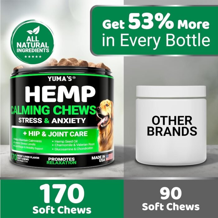 YUMA'S Hemp Calming Chews for Dogs - Advanced Dog Calming Chews - 170 Treats - Anxiety Relief Treats - Hemp Oil - Separation Aid, Stress, Hip and Joint Supplement for Canine Health Support