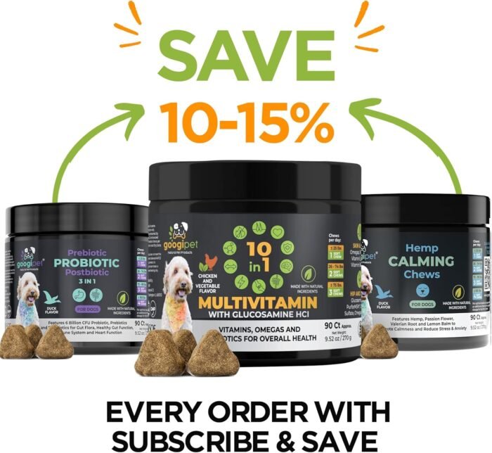Googipet Premium 10 in 1 Dog Vitamins Multivitamin Chewable with Probiotics for Gut Health, Dog Vitamins and Supplements w/Vitamin C & Glucosamine for Joint Support (Chicken & Vegetable Flavor)