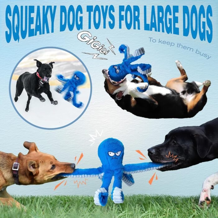 LEGEND SANDY Tough Dog Toys, Stuffed Dog Chew Toys, Large Dog Toys to Keep Them Busy, Interactive Dog Toys, Squeaky Dog Toys, Tug of War Dog Toy, Crinkle Dog Toy (Blue Octopus)
