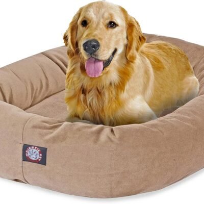 Majestic Pet 40 Inch Suede Calming Dog Bed Washable – Cozy Soft Round Dog Bed with Spine Support for Dogs to Rest their Head - Fluffy Donut Dog Bed 40x29x9 (Inch) - Round Pet Bed Large – Stone
