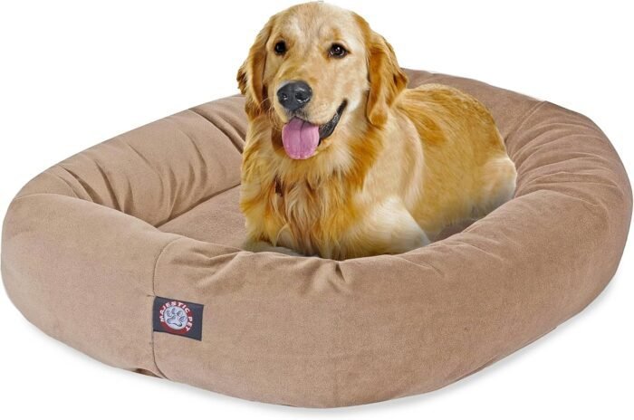 Majestic Pet 40 Inch Suede Calming Dog Bed Washable – Cozy Soft Round Dog Bed with Spine Support for Dogs to Rest their Head - Fluffy Donut Dog Bed 40x29x9 (Inch) - Round Pet Bed Large – Stone