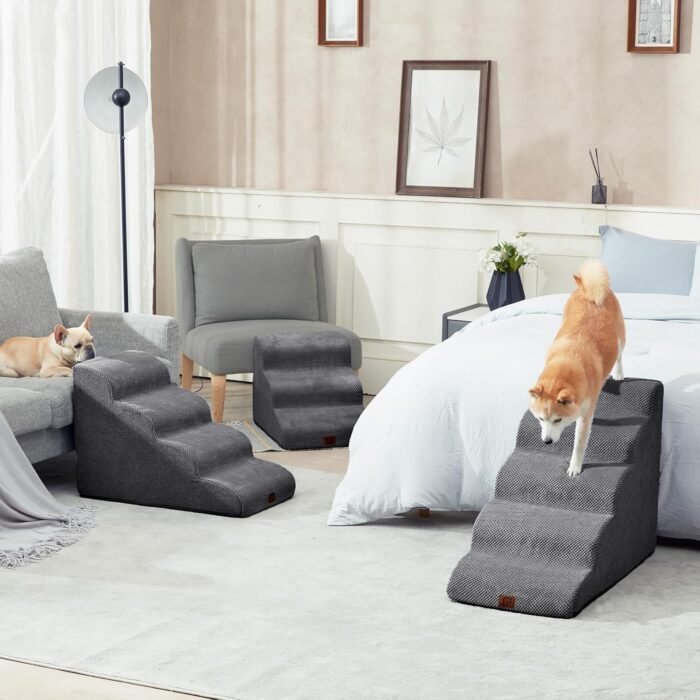 EHEYCIGA Curved Dog Stairs Ramp for High Beds 19.7" H, 4-Step Dog Steps for Small Dogs and Cats, Pet Stairs for High Bed Climbing, Non-Slip Balanced Pet Step Indoor, Grey