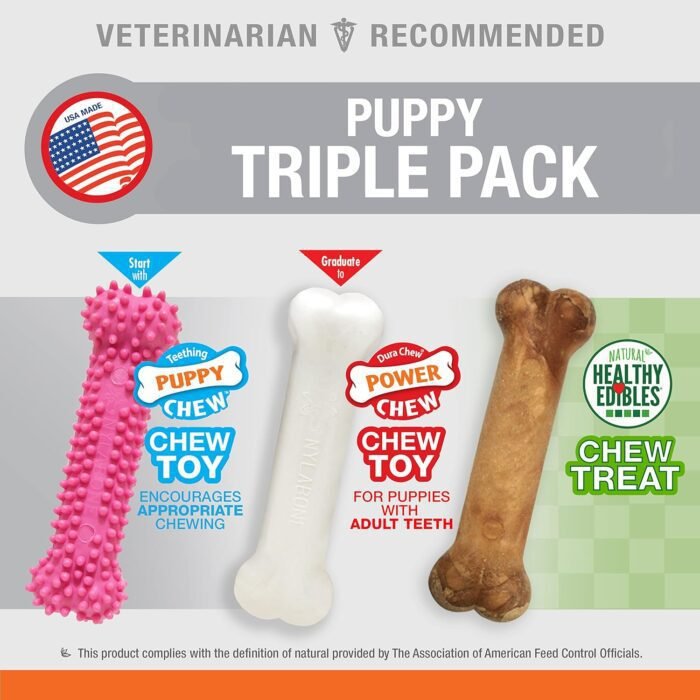 Nylabone Puppy Chew Toys & Natural Treat Triple Pack, Pink, Chicken & Bacon Flavor, Small - Up to 25 Ibs, 3 Pack