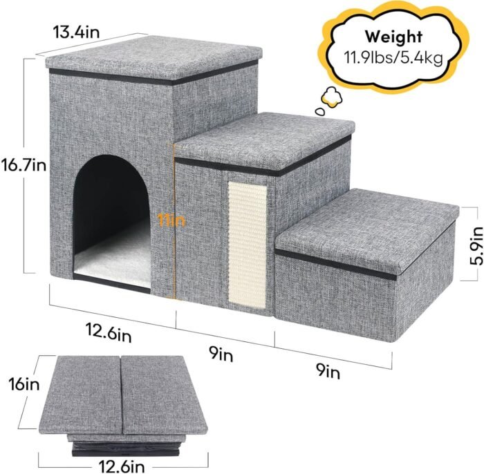 petizer Dog Stairs for Small Dogs, Foldable Pet Stairs for Couch/Bed with Storage Box, Condo and Cat Scratcher, Adjustable Non-Slip Dog Steps for Puppy, Cats, or Small (3-Step,17" H)