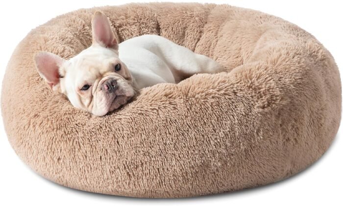 Bedsure Calming Dog Bed for Medium Dogs - Donut Washable Medium Pet Bed, 30 inches Anti-Slip Round Fluffy Plush Faux Fur Cat Bed, Fits up to 45 lbs Pets, Camel