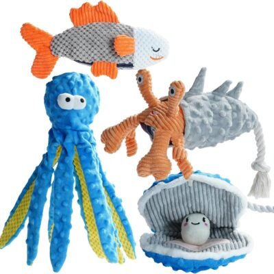 Nocciola 4 PCS Crinkle Squeaky Dog Toys | Blue Octopus Dog Toy | Ocean Theme Stuffed Dog Toys, Interactive Rope Dog Toys for Small, Medium & Large Dogs, Durable Dog Toys for Aggressive Chewers