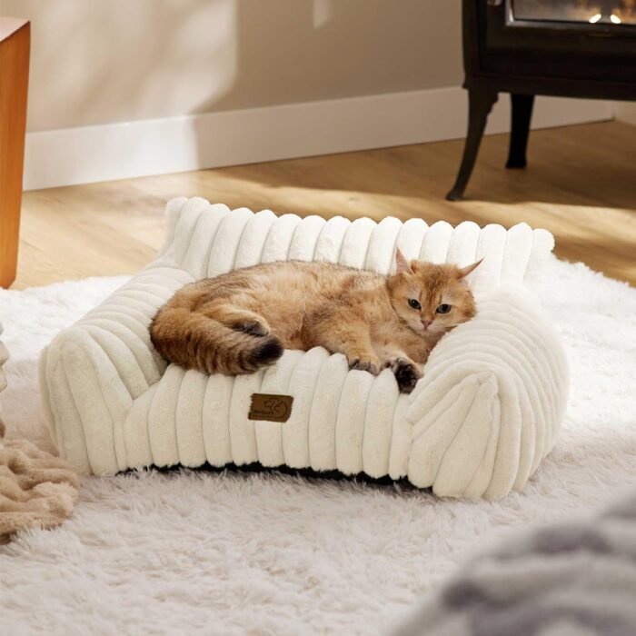 Bedsure Cute Couch for Pets - Fluffy Cat Sofa with Premium Soft Corduroy Fleece, Fuzzy Couch Bed with Removable Washable Cover, Supportive Cat Chair for Indoor Cats, 24inch, Cream