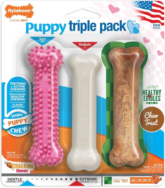 Nylabone Puppy Chew Toys & Natural Treat Triple Pack, Pink, Chicken & Bacon Flavor, Small - Up to 25 Ibs, 3 Pack
