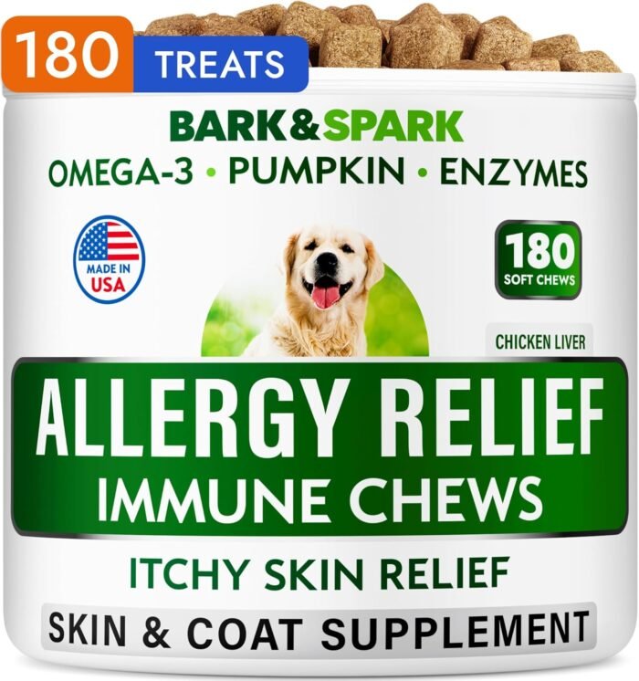 BARK&SPARK Dog Allergy Relief Chews (180 Immune Treats) - Anti-Itch Skin & Coat Supplement - Omega 3 Fish Oil - Itchy Skin Relief Treatment Pills - Itching&Paw Licking - Dry Skin & Hot Spots