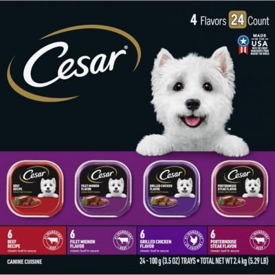 CESAR Adult Wet Dog Food Classic Loaf in Sauce Beef Recipe, Filet Mignon, Grilled Chicken and Porterhouse Steak Variety Pack, 3.5 oz. Easy Peel Trays (Pack of 24)
