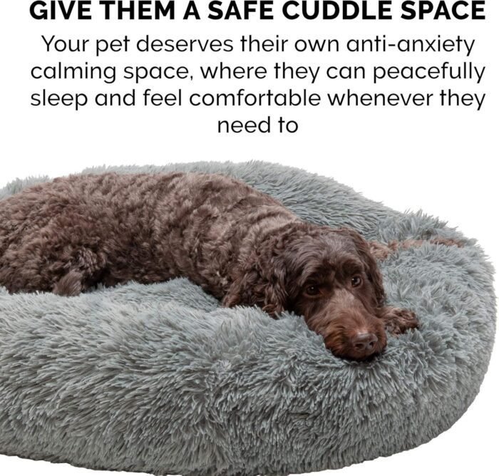 Furhaven 36" Round Calming Donut Dog Bed for Large/Medium Dogs, Refillable w/ Removable Washable Cover, For Dogs Up to 75 lbs - Shaggy Plush Long Faux Fur Donut Bed - Gray, Large