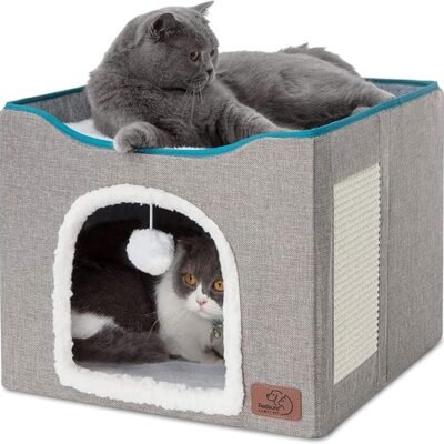 Bedsure Cat Beds for Indoor Cats - Large Cat Cave for Pet Cat House with Fluffy Ball Hanging and Scratch Pad, Foldable Cat Hideaway,16.5x16.5x13 inches, Grey