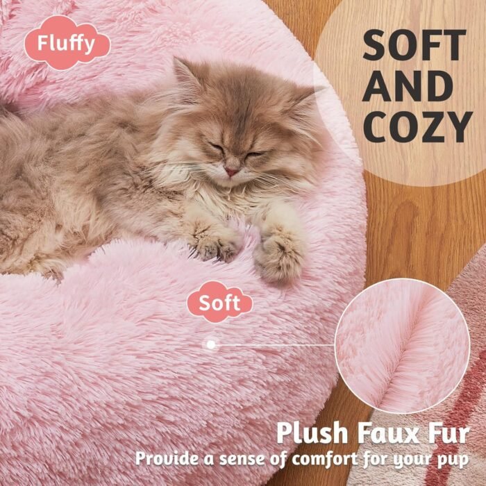 OhGeni Calming Donut Cat Bed Pillow for Small Pets, Machine Washable Removable Cover, Comfort Plush Fluffy Faux Fur with Anti-Slip Bottom, Dogs-Friendly Round Cuddly Design, Pink, 20 inches
