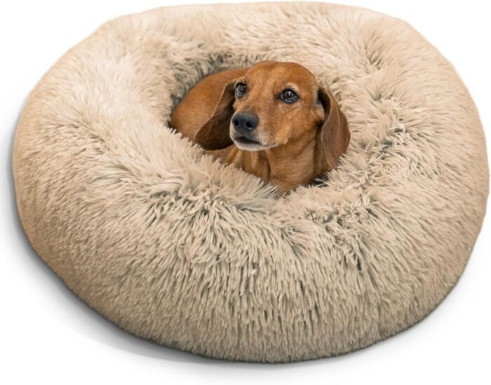 Best Friends by Sheri The Original Calming Donut Dog and Cat Bed in Shag Fur, Taupe, Small, 23x23