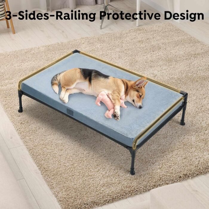 Veehoo Elevated Raised Dog Bed+Removable Dog Bed Mat-Cooling Outdoor Dog Cot Bed for Large Sized Dogs Three-Sided Guardrail Raised Pet Cot Dog Hammock Bed Elevated Dog Ded with Bolster-41 x 27" Black