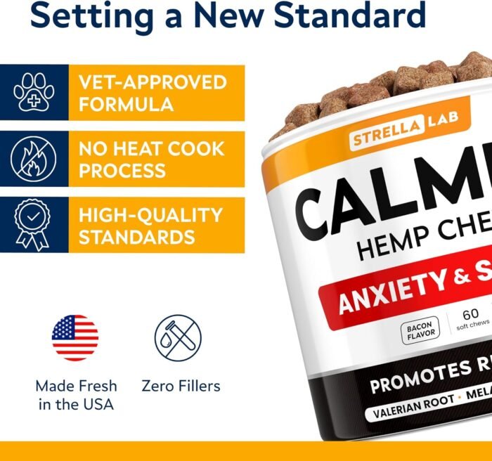 Hemp Calming Chews for Dogs - Dog Calming Treats - Anxiety Relief Treats - Dog Calming Chews - Stress - Sleep Calming Aid - Health & Wellness Supplements for Dog Separation Barking - 60 Treats