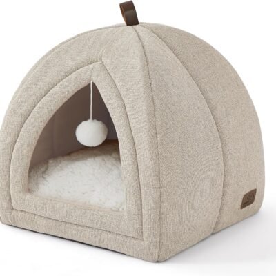 Bedsure Cat Beds for Indoor - 2 in 1 Cat Cave House Tent for Kittens and Small Pets with Removable Washable Cushioned Pillow, Foldable Kitten Hideaway with Non-Slip Bottom, Khaki, 16 inches
