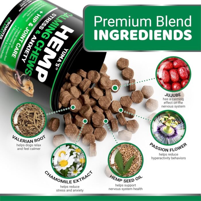 YUMA'S Hemp Calming Chews for Dogs - Advanced Dog Calming Chews - 170 Treats - Anxiety Relief Treats - Hemp Oil - Separation Aid, Stress, Hip and Joint Supplement for Canine Health Support