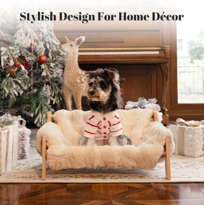 Raised Cat Couch Bed for Indoor Cats, Elevated Dog Sofa Recliner Fluffy Pet Lounge Chair Suitable for Small and Medium Dog, Wooden Cat Furniture(Cat Sofa Khaki)
