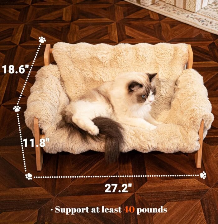 Raised Cat Couch Bed for Indoor Cats, Elevated Dog Sofa Recliner Fluffy Pet Lounge Chair Suitable for Small and Medium Dog, Wooden Cat Furniture(Cat Sofa Khaki)