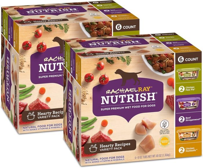 Rachael Ray Nutrish Premium Natural Wet Dog Food with Added Vitamins & Minerals, Hearty Recipes Variety Pack, 8 Ounce Tub (Pack of 12)