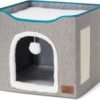 Bedsure Cat Beds for Indoor Cats - Large Cat Cave for Pet Cat House with Fluffy Ball Hanging and Scratch Pad, Foldable Cat Hideaway,16.5x16.5x13 inches, Grey - Image 7