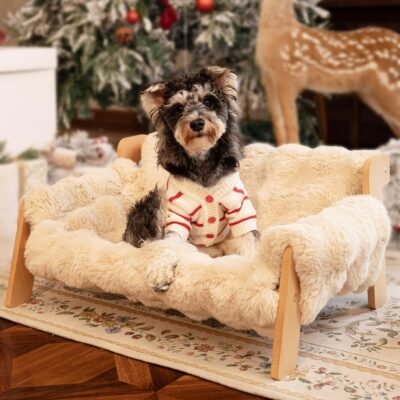 Raised Cat Couch Bed for Indoor Cats, Elevated Dog Sofa Recliner Fluffy Pet Lounge Chair Suitable for Small and Medium Dog, Wooden Cat Furniture(Cat Sofa Khaki)