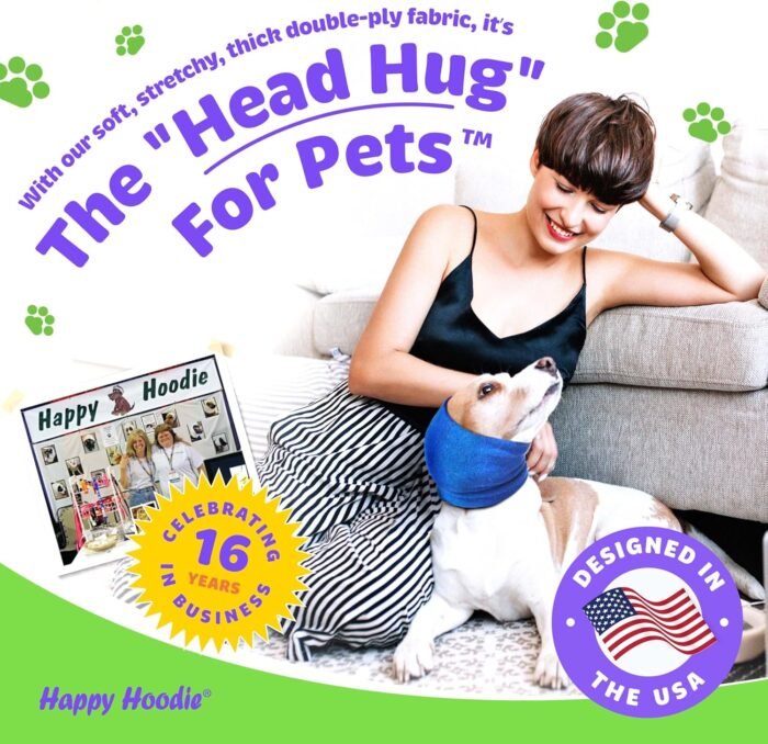 Happy Hoodie The Original Dog & Cat Calming Band, Anxiety Relief/Noise Protection-Grooming-Thunder-Fireworks (Large, Blue)