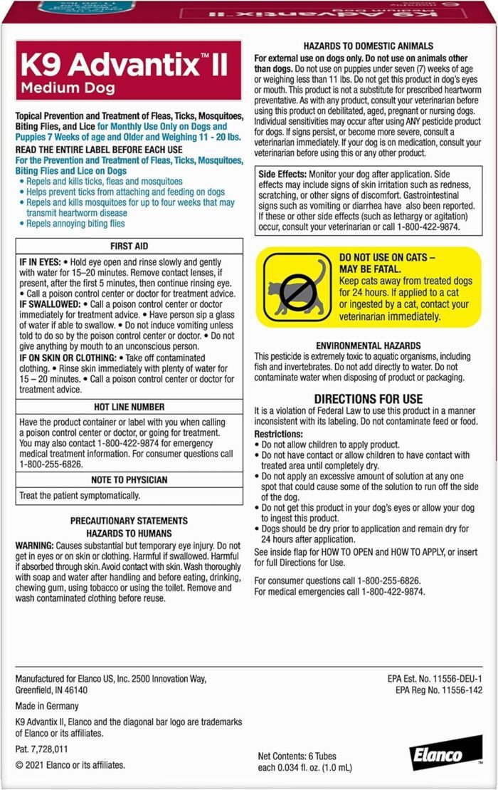 K9 Advantix II Medium Dog Vet-Recommended Flea, Tick & Mosquito Treatment & Prevention | Dogs 11-20 lbs. | 6-Mo Supply