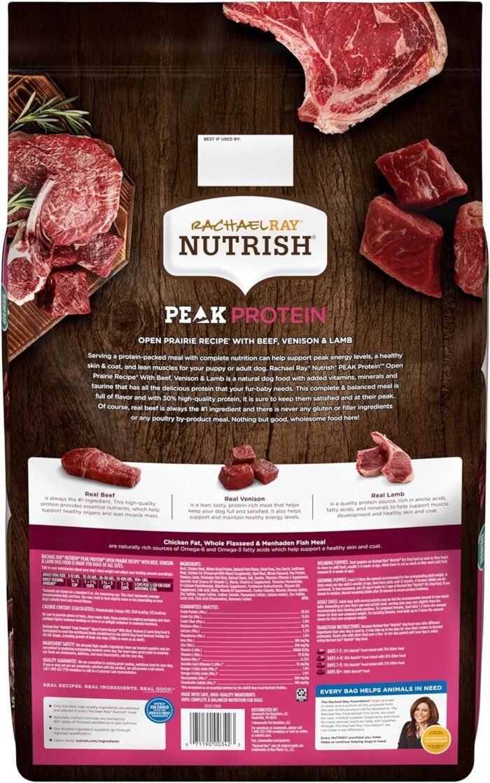 Rachael Ray Nutrish PEAK Natural Dry Dog Food, Open Prairie Recipe with Beef, Venison & Lamb, 23 Pounds, Grain Free (Packaging May Vary)