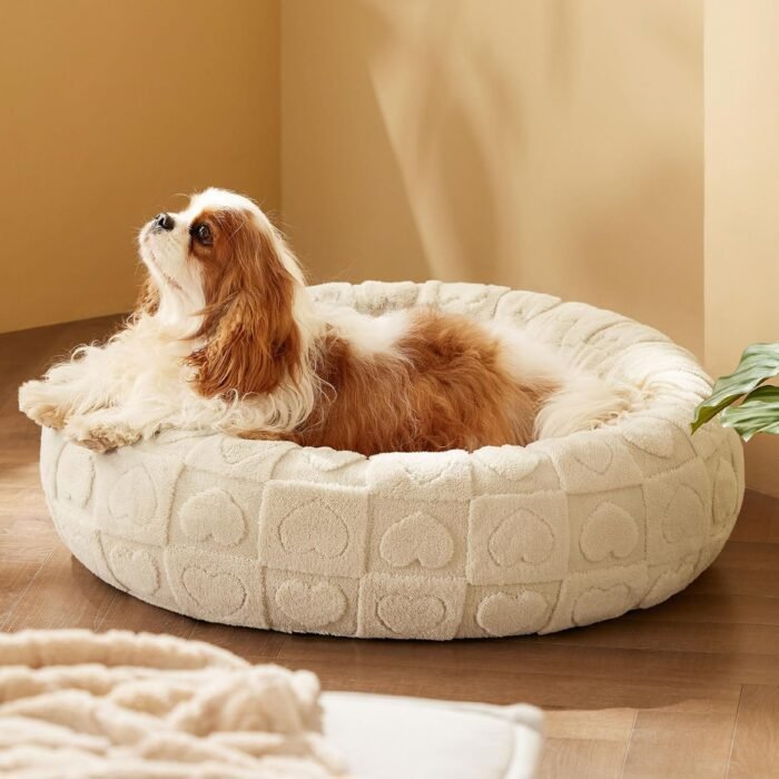 Bedsure Dog Bed for Medium Dogs - Donut Pet Bed for Puppy Kitten with Anti Slip Bottom, Round Sherpa Dog Beds with Washable Removable Cover, Cream, 30x30x8 inches