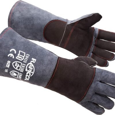 RAPICCA Animal Handling Gloves Bite Proof Double Leather Reinforced Padding Dog,Cat Scratch,Bird Handling Falconry Gloves Grabbing Reptile Squirrel Snake Bite 16in Grey-Black