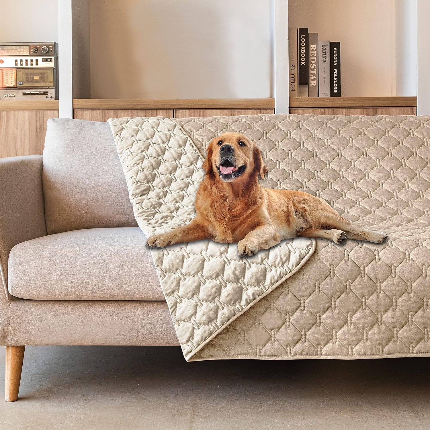 gogobunny 100% Double-Sided Waterproof Dog Bed Cover Pet Blanket Sofa Couch Furniture Protector for Puppy Large Dog Cat, Reversible (82×82 Inch (Pack of 1), Dark Beige/Light Beige)