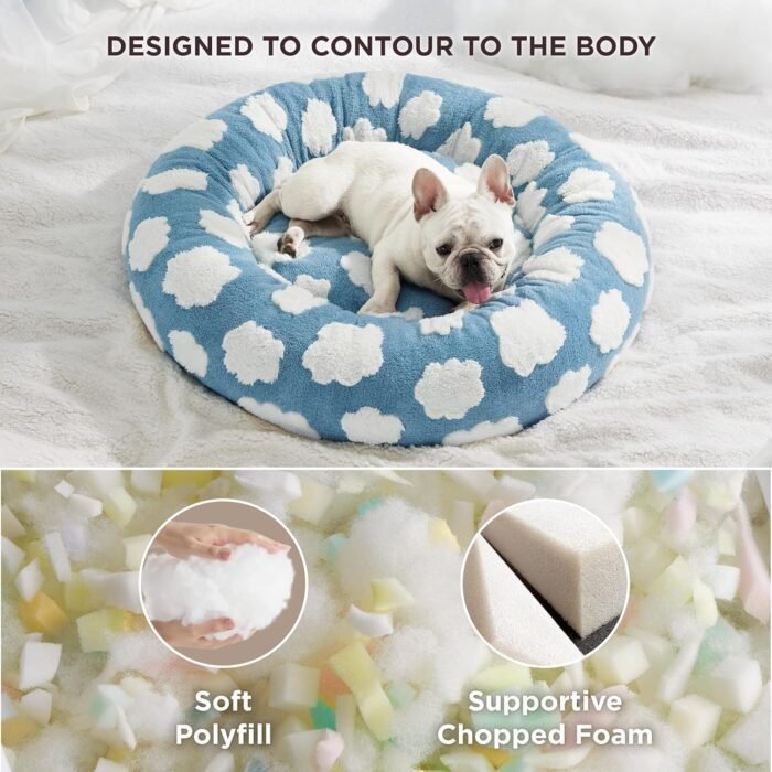 LE SURE Donut Small Dog Bed - Round Cat Beds for Indoor Cats Calming Pet Beds, Cute Modern Beds with Jacquard Shaggy Plush & Anti Slip Bottom, 30 Inch, Blue,M (30x30x8)