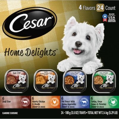 CESAR HOME DELIGHTS Wet Dog Food Pot Roast & Vegetable, Beef Stew, Turkey Potato & Green Bean, and Hearth Chicken & Noodle Variety Pack, (24) 3.5 oz. Easy Peel Trays