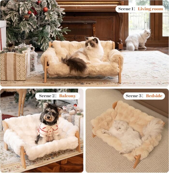 Raised Cat Couch Bed for Indoor Cats, Elevated Dog Sofa Recliner Fluffy Pet Lounge Chair Suitable for Small and Medium Dog, Wooden Cat Furniture(Cat Sofa Khaki)