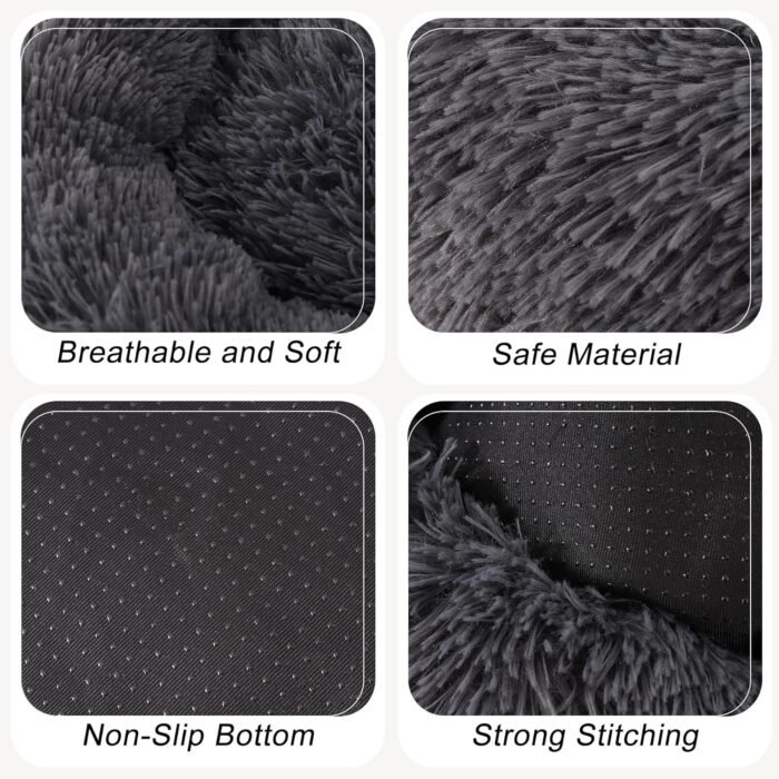 Calming Dog Bed, Dog Beds for Small Melium Dogs, Fluffy Donut Dog & Cat Bed Washable, Round Anti Anxiety Dog Bed, Small Dog Bed with Non-Slip Bottom (Dark Grey, 17" x 17")