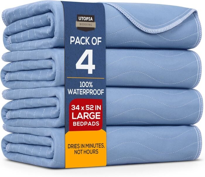 Utopia Bedding Washable Underpads 34" x 52" (Pack of 4), Waterproof Reusable Heavy Absorbency Incontinence Bed Pads for Adults, Kids, Elderly and Pets, Bedwetting Pads for Sofa and Couch (Blue)
