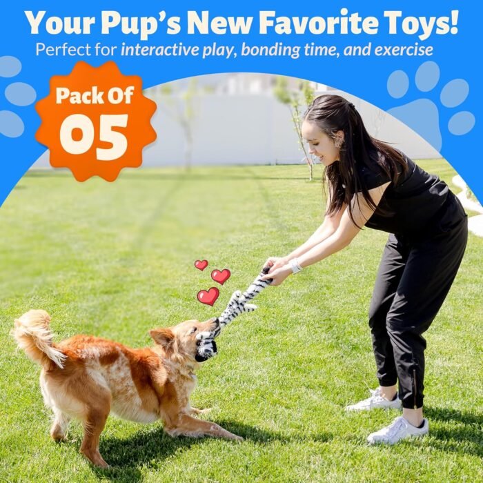 Squeaky No Stuffing Dog Toy Set – New & Improved Edition Plush Crinkle Dog Toys for Small, Medium & Large Breeds – Soft Tough Stuffless Puppy Chew Squeak Animal Supports Pet Health & Well Being 5 Pack