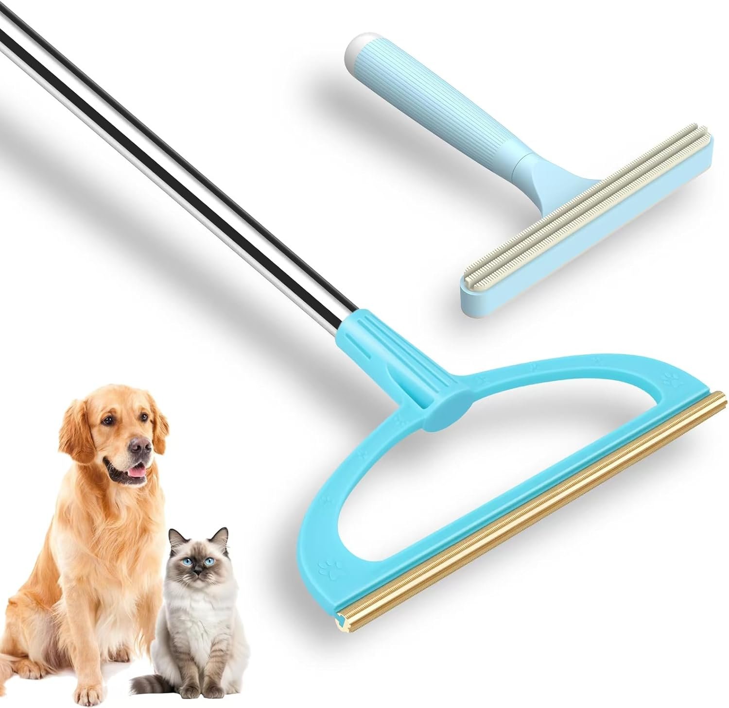 Carpet Rake for Pet Hair Removal, Reusable Pet Hair Removal Tool 56” Adjustable Long Handle Pet Hair Removal Broom, Cat Dog Hair Remover Carpet Brush Scraper for Rugs, Mats, Couch (Sky Blue)
