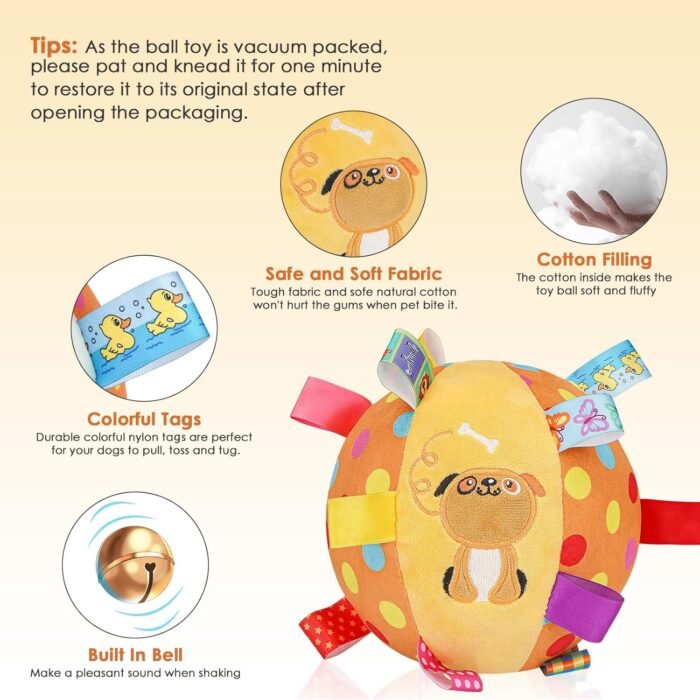 Dog Squeaky Plush Plush Toy with Straps, 6-Inch Soft Stuffed Ball with Cotton Material and Bell Built-in, Pet Interactive Fetch Toy for Small to Large Dog
