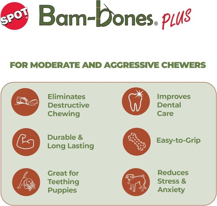 SPOT Bam-Bones Plus Branch -Bamboo Fiber & Nylon, Durable Long Lasting Dog Chew for Aggressive Chewers – Great Toy for Adult Dogs & Teething Puppies Under 60lbs, Non-Splintering, 5.75in, Beef Flavor