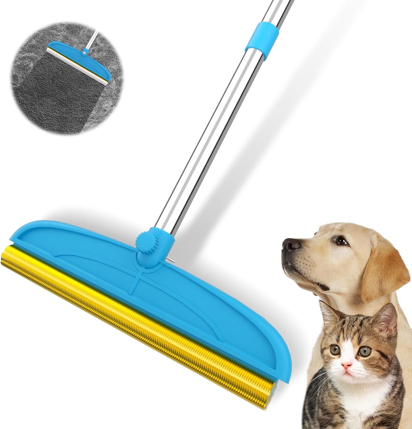 Carpet Rake for Dog Hair Remover: 2 in 1 Reusable Pet Hair Remover – 60‘’ Adjustable Long Handle Carpet Removal Tool for Dog Cat Human Hair – Carpet Scrape Cleaning for Rug Couch Bed (Blue)