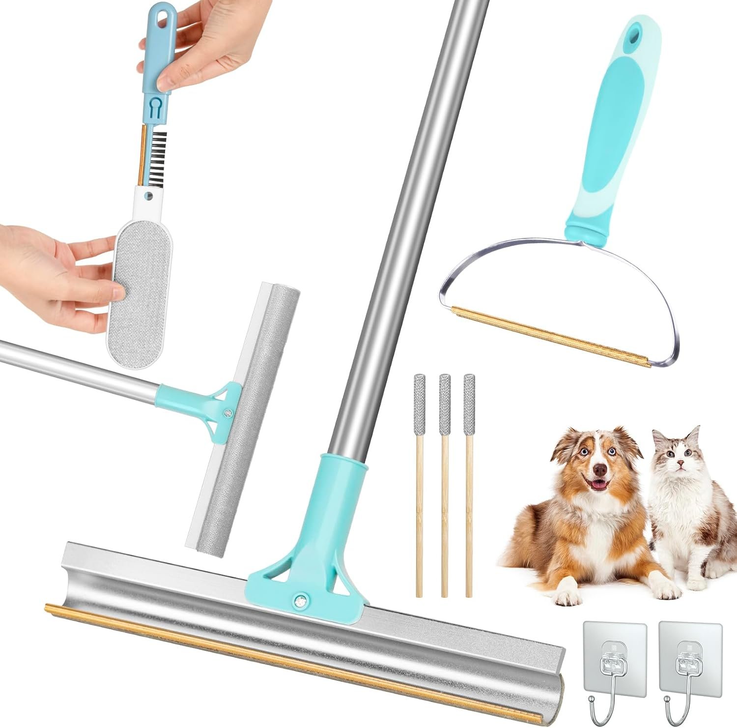 Pet Hair Remover Tools (4 Pack) Carpet Rake for Pet Hair Removal Reusable Dog Cat Fur Remover Lint Remover Long Handled Adjustable Carpet Rake Brush for Rugs, Couch, Furniture, Blue